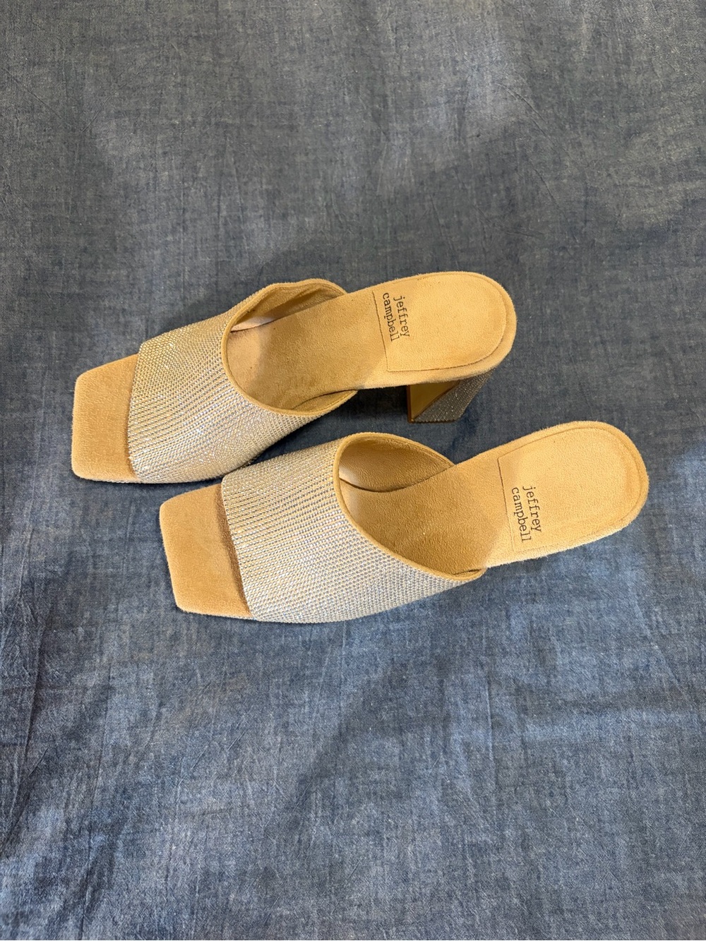 Jeffrey Campbell Tan Suede Slide Mules with Rhinestone Band